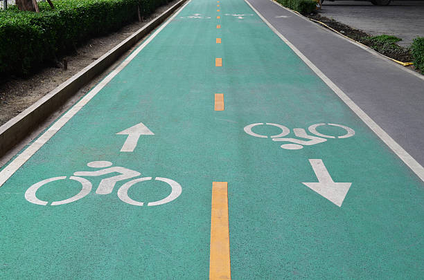 istock Green bicycle lane on asphalt road 579155970