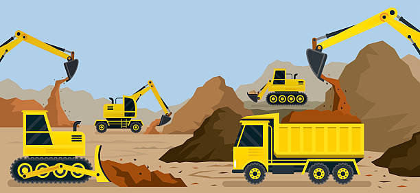 Construction, Earthworks, Quarry, Background Vehicles, Heavy Equipment on Site construction truck bulldozer wheel stock illustrations