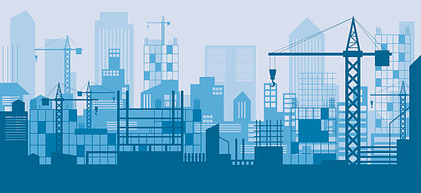 konstruktion skyline, szene, blauer hintergrund - baugewerbe stock-grafiken, -clipart, -cartoons und -symbole
