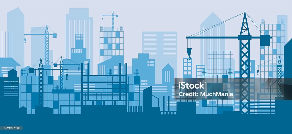Construction Skyline Scene Blue Background Stock Illustration - Download  Image Now - Construction Site, Construction Industry, Crane - Machinery -  iStock