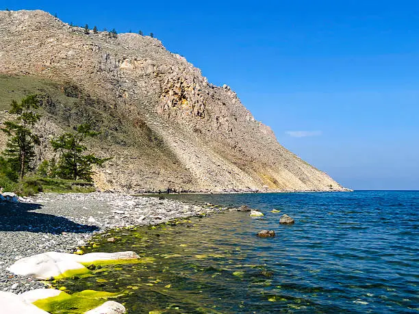 Cape Sagan-Zaba with petroglyphs. Lake Baikal. Sacred place. National park Pribaikalskiy.