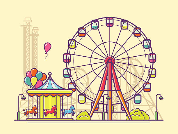 ilustraciones, imágenes clip art, dibujos animados e iconos de stock de funfair con noria - amusement park illustrations