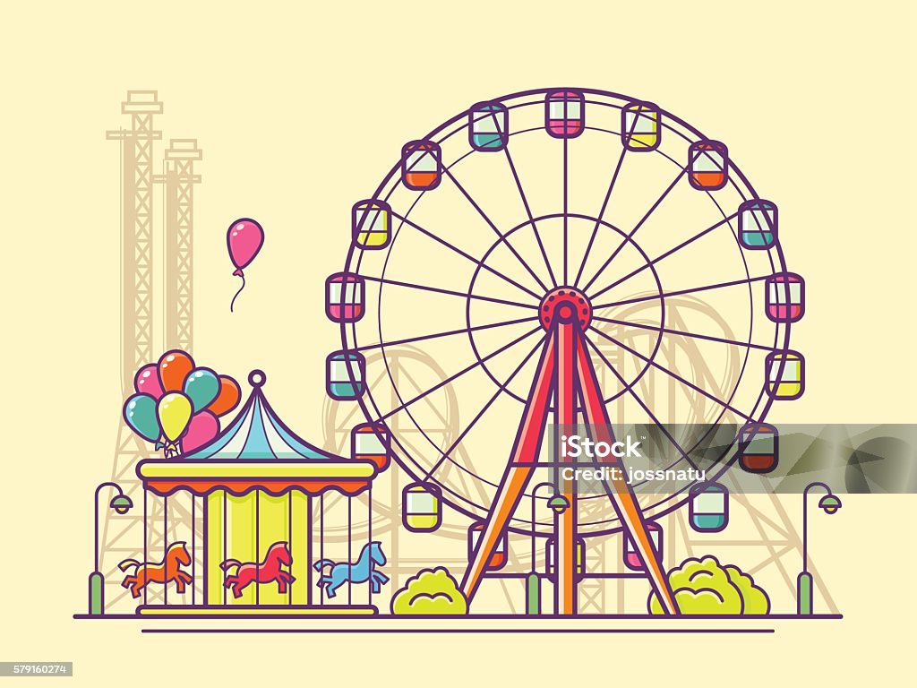 Funfair with ferris wheel Funfair with ferris wheel. Amusement and carnival, carousel in park, vector illustration Ferris Wheel stock vector