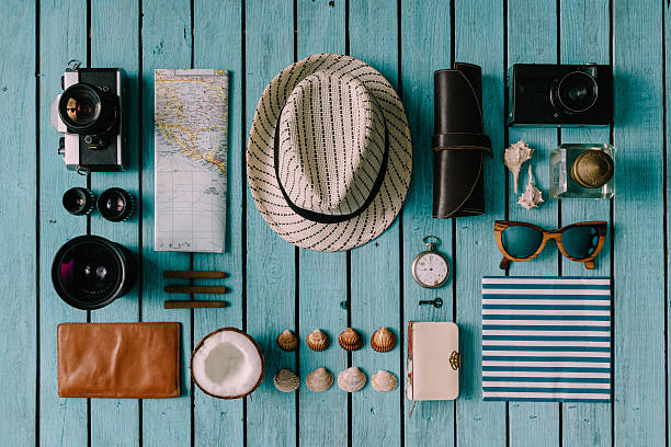 Summer vacation things neatly organised Summer vacation things neatly organised. Travel concept. Flat lay. wallet photos stock pictures, royalty-free photos & images