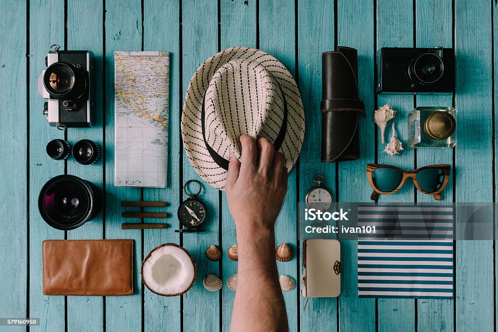 Summer vacation things neatly organised Summer vacation things neatly organised. Travel concept. Flat lay. Arts Culture and Entertainment Stock Photo