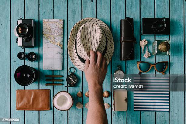 Summer Vacation Things Neatly Organised Stock Photo - Download Image Now - Arts Culture and Entertainment, Camera - Photographic Equipment, Directly Above