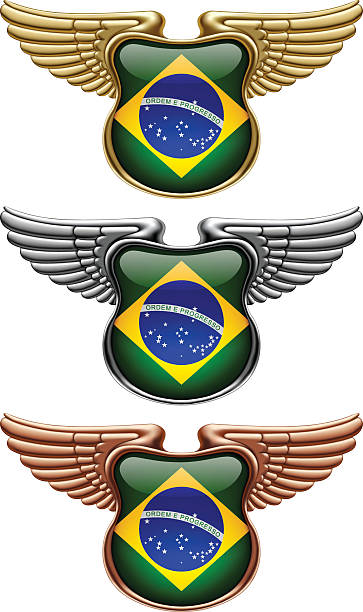 gold-, silber- und bronze-auszeichnungszeichen mit flügeln und brasilien-flagge - bronze silver gold perks stock-grafiken, -clipart, -cartoons und -symbole