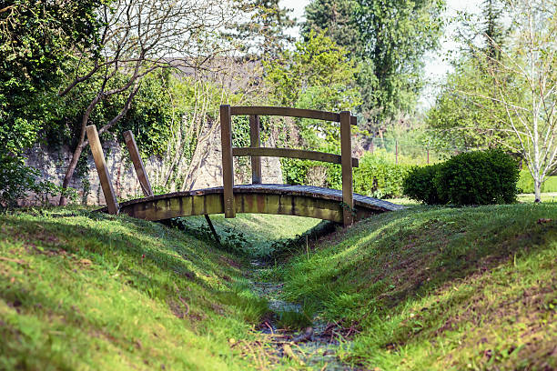 Wooden bridge over a stream in the park. France, Europe