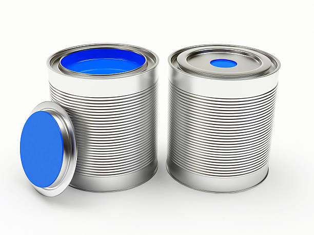 istock Closed and open cans of blue paint on white 579219956