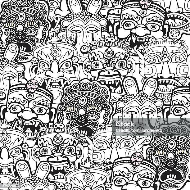 Set Of Masks Retro Hand Drawncoloring Book Pages Stock Illustration - Download Image Now