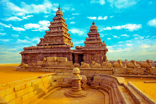 fantastic art design of monolithic famous Shore Temple near Mahabalipuram, world heritage site in Tamil Nadu, India