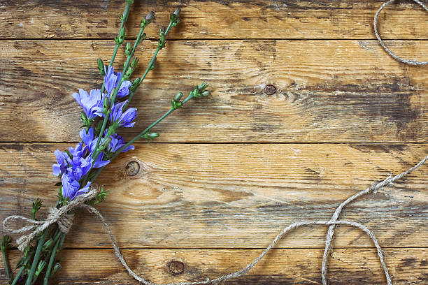 blue chicory flowers tied with  rough rope on wooden planks