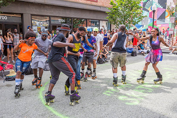 Baltimore Maryland Artscape 2016 -- Roller Skating Club Entertains stock photo