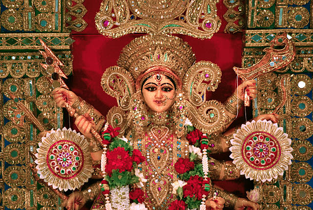 Durga Idol as worshipped by Bengali community in India, Known as goddess of destruction, she is also called Kali. Front view.