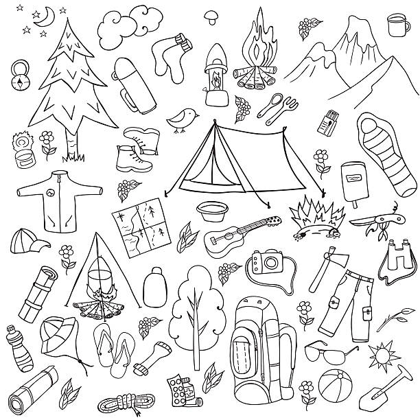 Recreation. Tourism and camping set. Hand drawn doodle  Elements - Recreation. Tourism and camping set. Hand drawn doodle Camping Elements - vector illustration camping drawings stock illustrations