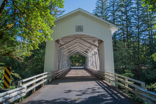 Dorena Covered Bridge over Row River is a Historic Landmark in Lane County Oregon. Closest city is Cottage Grove, Oregon, but is near the small community of Dorena, Oregon. Also called the Star Bridge.