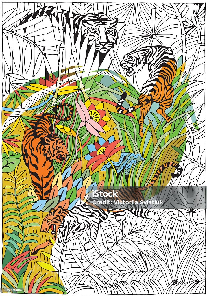 Tiger in the Jungle. Exotic Tropical theme coloring page. Tiger in the Jungle. Exotic Tropical theme coloring page. Hand drawn. Rainforest stock vector