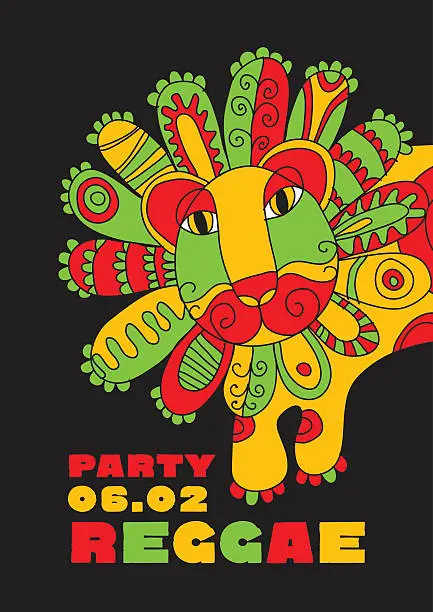 Vector illustration of folk style lion  reggae mascot. color music poster.