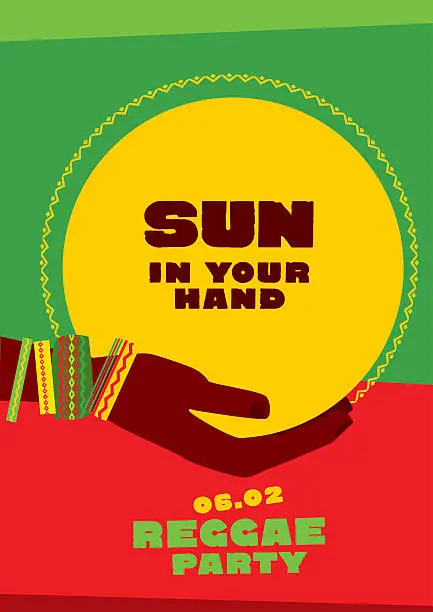 Vector illustration of sun disk and tribal human hand with bracelets. reggae folk