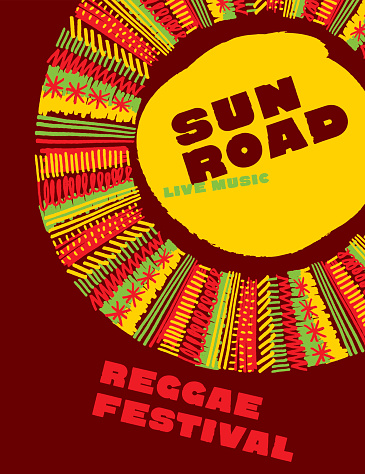 reggae music classic color concept poster. Jamaica style vector illustration with tribal hand drawn folk style sun