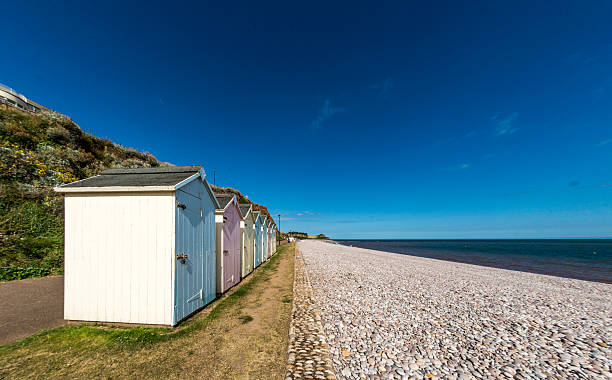 Budleigh Salterton in Devon A row of beach huts in Budleigh Salterton, a seaside town near Exmouth and Exeter in Devon, UK. Looking towards Sidmouth. Logos removed. exeter england stock pictures, royalty-free photos & images
