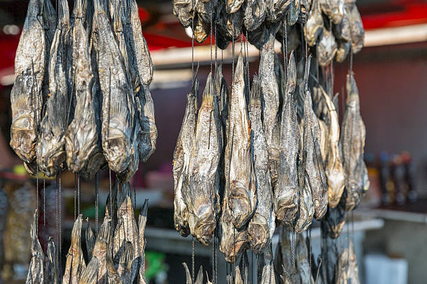 Dried salted bullhead goby fish on a cord. Dried salted bullhead goby fish on a cord on sale in street market bullhead fish stock pictures, royalty-free photos & images