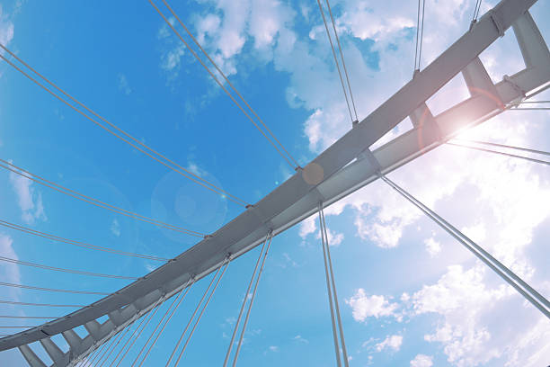 istock Steel structure. Hanging bridge against a cloudy sky. 579228586
