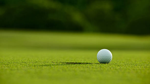 istock selective focus. white golf ball near hole on green grass 579228844