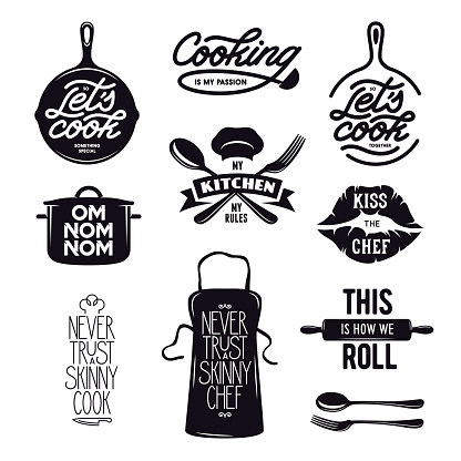 Cooking related typography set. Quotes about kitchen. Cooking wordings. Bon appetit. Never trust a skinny chef. Vintage vector illustration.