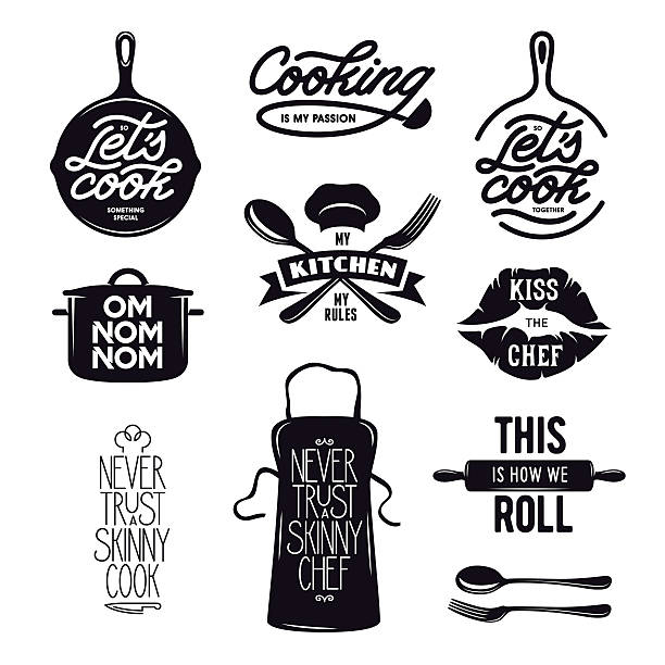 Cooking related typography set. Quotes about kitchen. Vintage vector illustration. Cooking related typography set. Quotes about kitchen. Cooking wordings. Bon appetit. Never trust a skinny chef. Vintage vector illustration. inspiration silhouettes stock illustrations