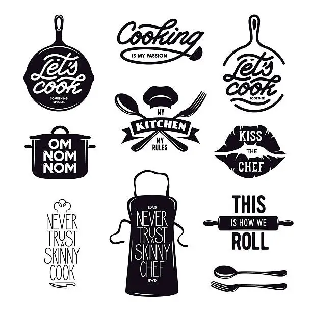 Vector illustration of Cooking related typography set. Quotes about kitchen. Vintage vector illustration.