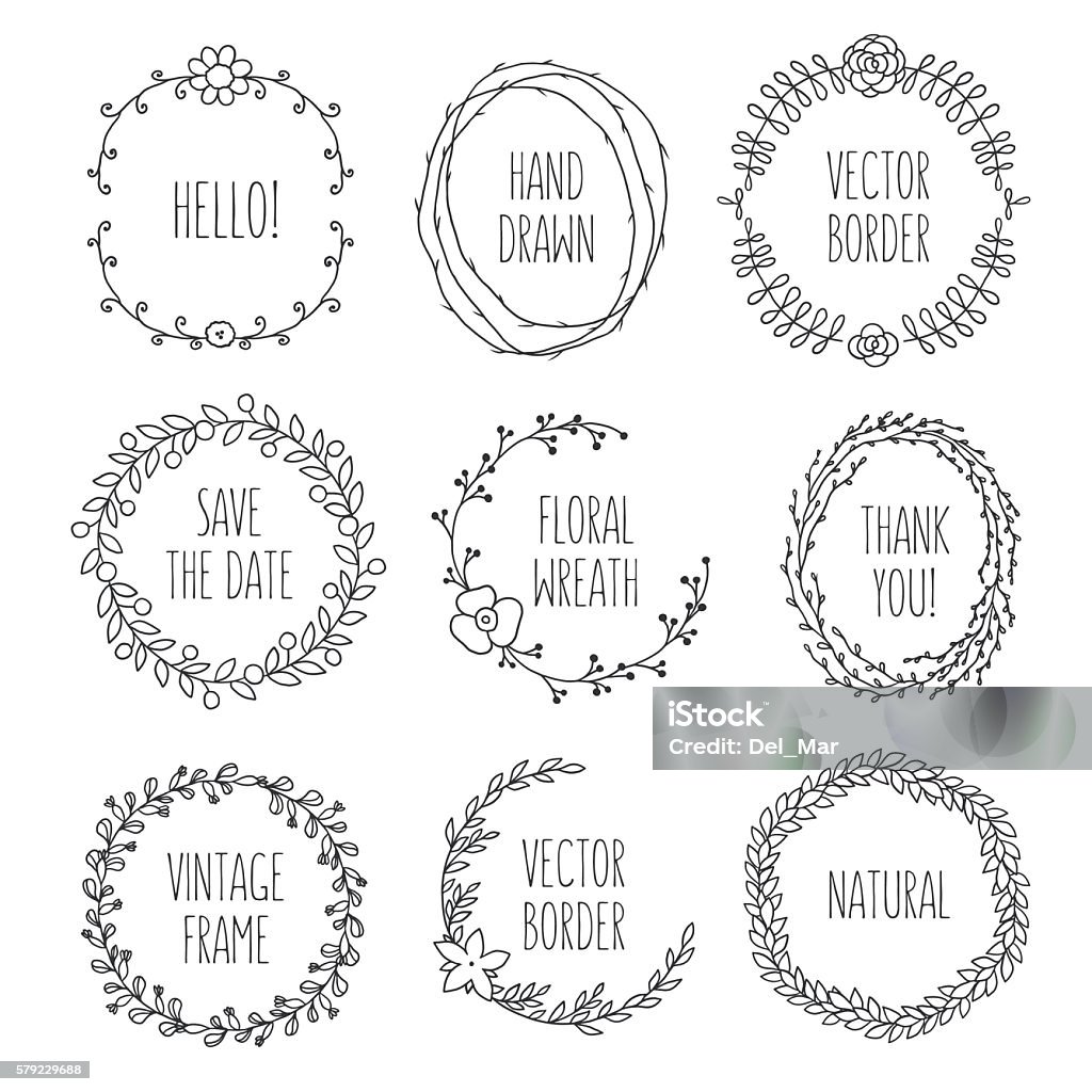 Floral wreaths collection. Vector vintage illustration. Vector vintage wreaths. Collection of trendy cute floral frames. Graphic design elements for wedding cards, prints, decoration, greeting cards. Hand drawn round illustration set. Abstract stock vector