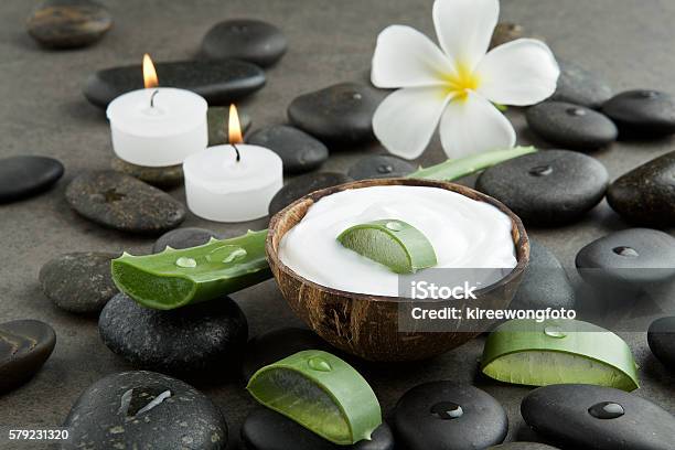 Spa Concept Slice Aloe Vera On White Cream In Coconut Stock Photo - Download Image Now