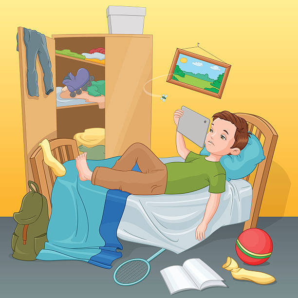 Lazy Boy Lying On Bed With Tablet Vector Illustration Stock Illustration -  Download Image Now - iStock