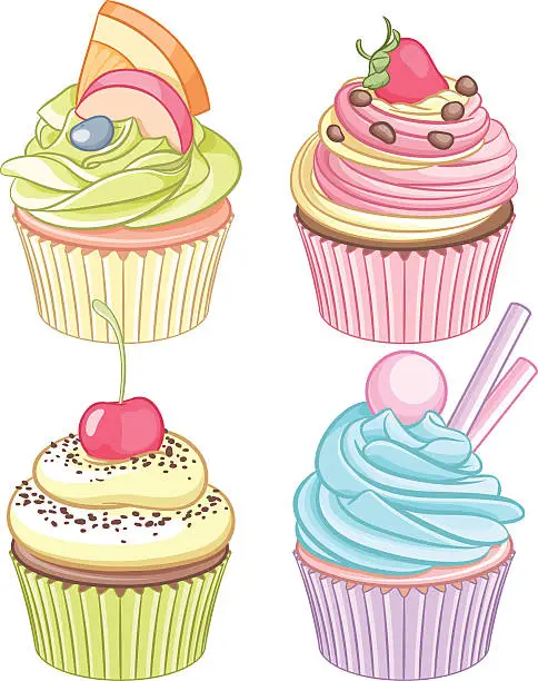 Vector illustration of Vector set of colorful cupcakes isolated on white background.