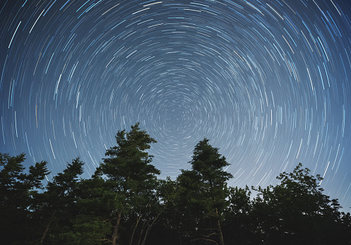The stars spin around Earth's North Celestial Pole very near the North Star, Polaris.  Long exposure.