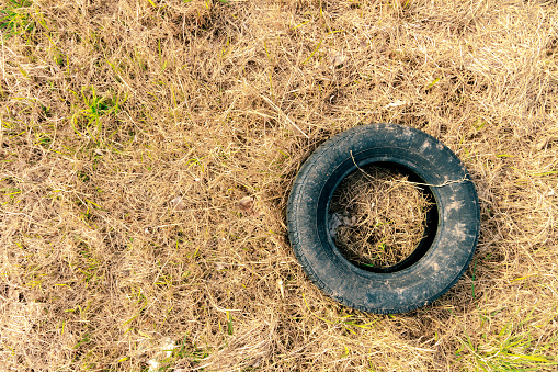 Disused car tire lying on dry grass