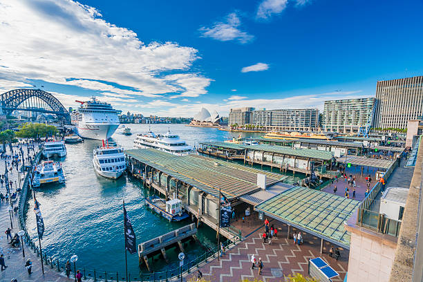 Sydney, Australia - June 23, 2016: People visiting Circular Quay in Sydney CBD, with view of Harbour Bridge and Opera House