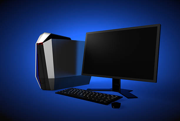 computador de jogo isolado em fundo azul - gaming systems - fotografias e filmes do acervo