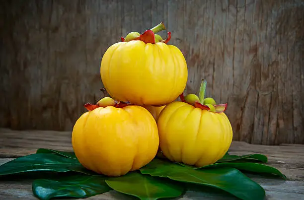 Photo of Garcinia cambogia fresh fruit on wood background.  Fruit for die