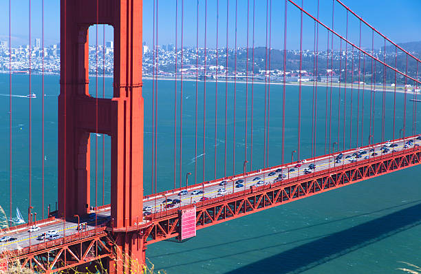 part of golden gate bridge, transpotation - san francisco county suspension bridge cityscape marin tower imagens e fotografias de stock