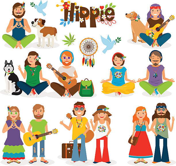 Hippie people vector icon set Hippie vector illustration. Barefoot man with flowers and dog and hippie girl 60s style dresses stock illustrations