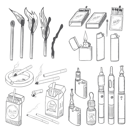 Vector Sketch Set of Smoking and Vaping. Cigarettes, Matches, Lighters and Vapes.