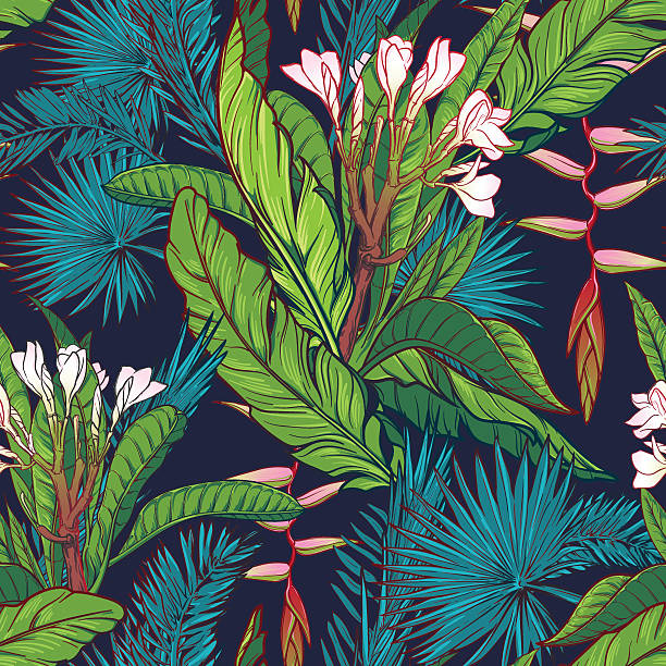 Tropical jungle seamless pattern on dark blue background Tropical jungle. Palm tree and banana leaves, frangipani and heliconia flowers on a dark blue background. Seamless pattern with Irregular distribution of elements. EPS10 vector illustration. heliconia stock illustrations