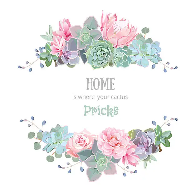 Vector illustration of Green colorful succulents vector design round frame. Echeveria, protea, eucaliptus.