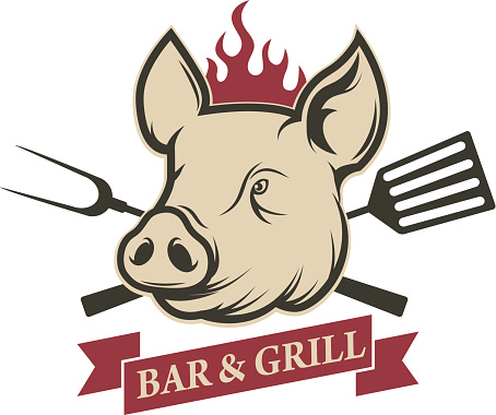 Bar and grill. Pig head with kitchen tools