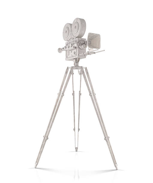 vintage camera mounted on stand marble on white background
