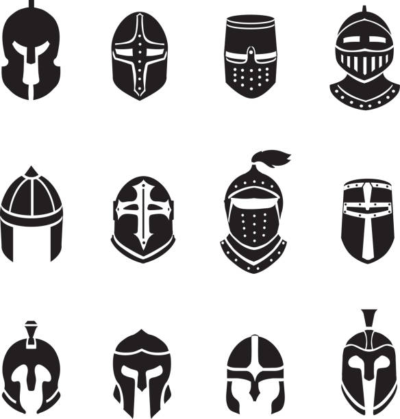 ilustrações, clipart, desenhos animados e ícones de capacetes guerreiros ícones pretos ou logotipos definidos. armadura de cavaleiro, vetor - roman army isolated on white classical greek