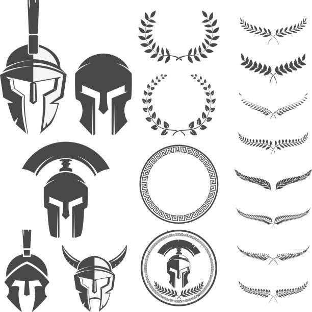 illustrazioni stock, clip art, cartoni animati e icone di tendenza di set di modelli di emblemi con casco. elmo guerriero spartano - greco roman