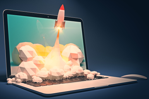 Startup concept with rocket flying out of laptop screen on dark blue background. Sideview, 3D Rendering